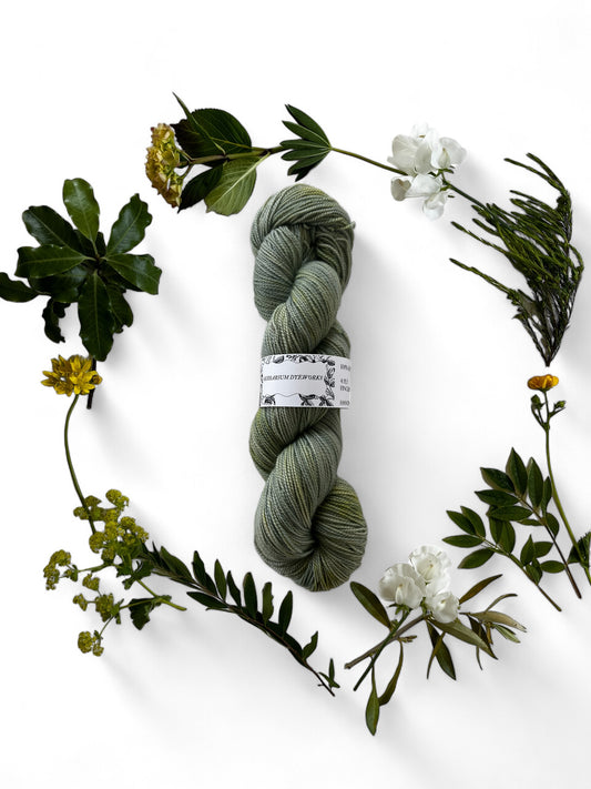 One skein of yarn in mint and spring green dyed with Buckthorn, Indigo and Black Lace Elder and surrounded by a wreath of flowers and leaves