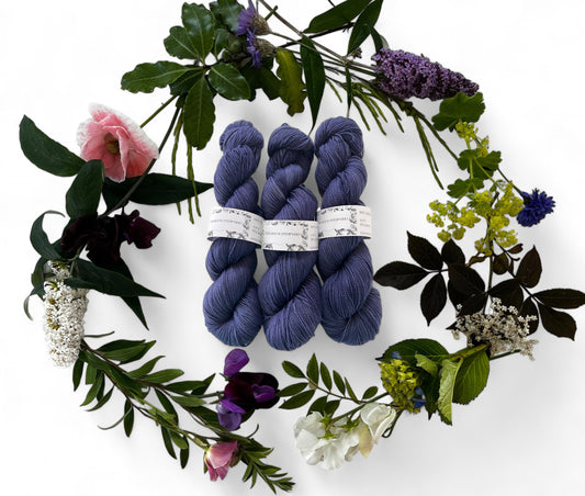 Three skeins of merino yarn in dark blue-purple dyed with Logwood and surrounded by a wreath of flowers and leaves