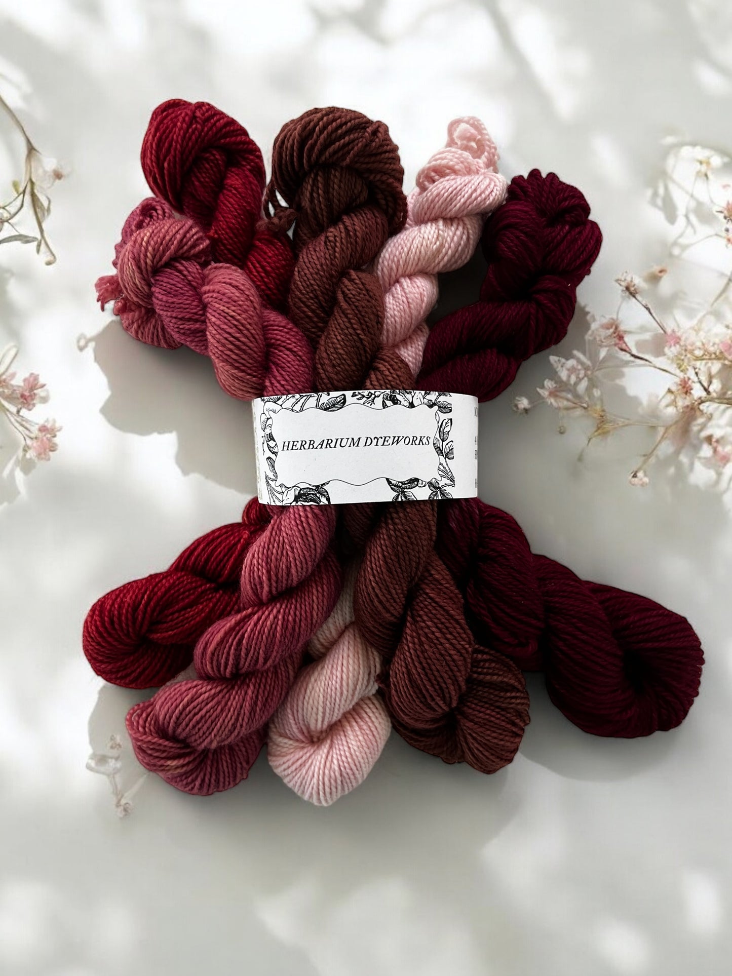 Five mini skeins of naturally dyed merino in Persian red, rose pink on sand, rosewood brown, pale pink and deep carmine red held together with a yarn band