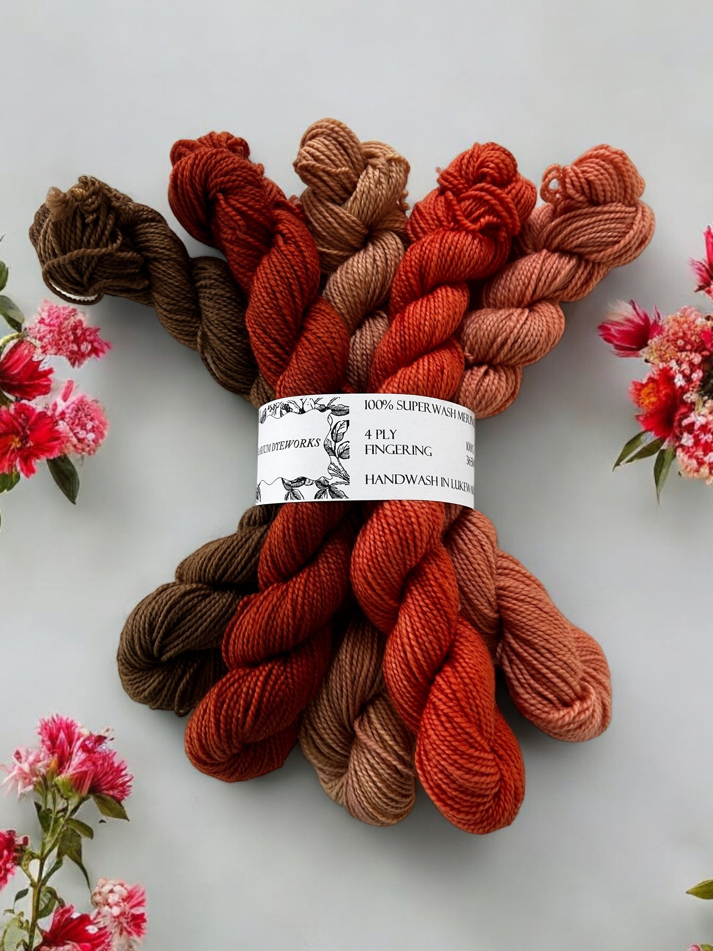 Five mini skeins of naturally dyed merino in bronze brown, burnt orange, sandstone with salmon, persimmon and cantaloupe held together with a yarn band