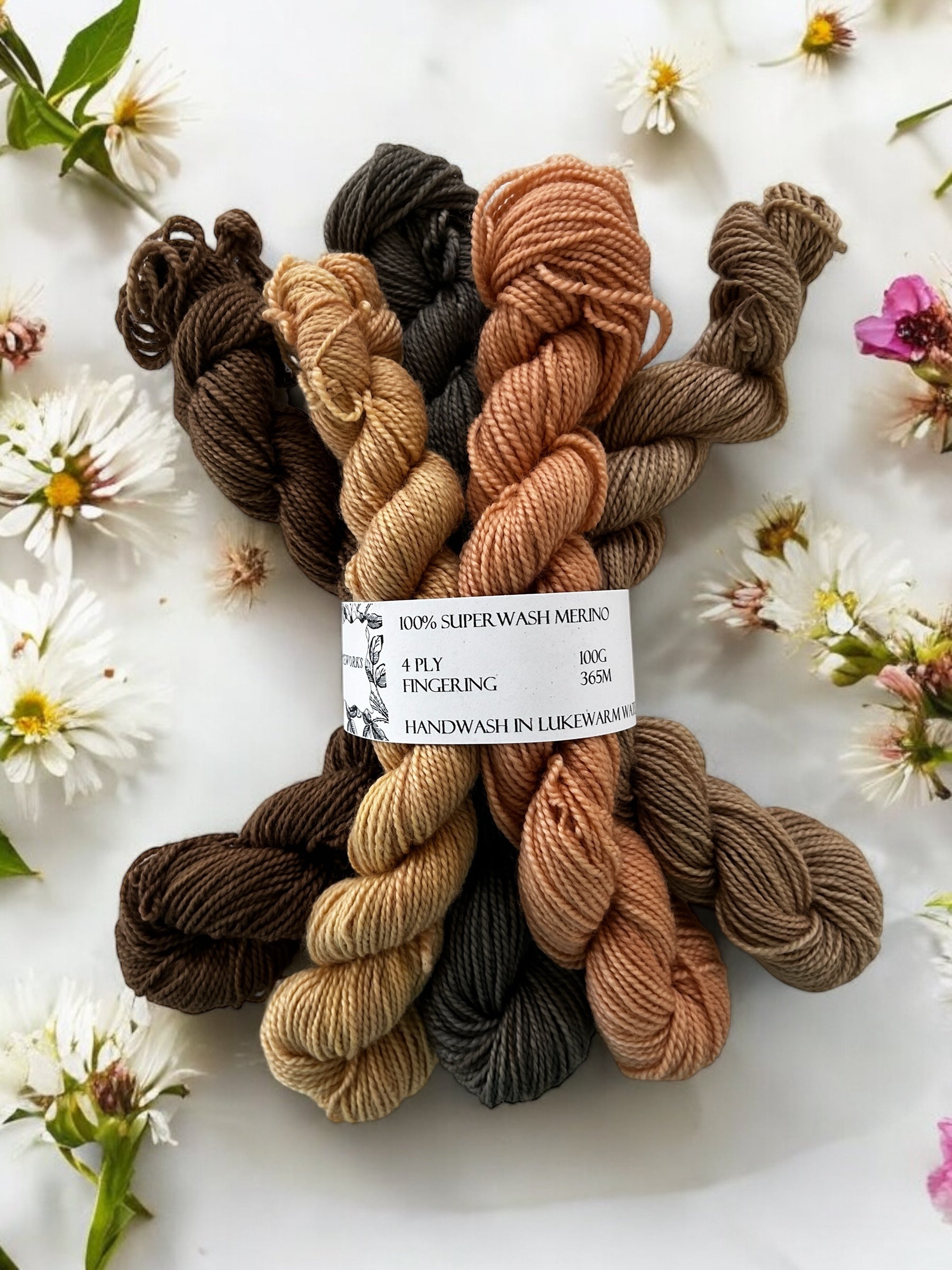 Five mini skeins of naturally dyed merino in bronze brown, honey yellow, iron grey, cantaloupe and sand held together with a yarn band